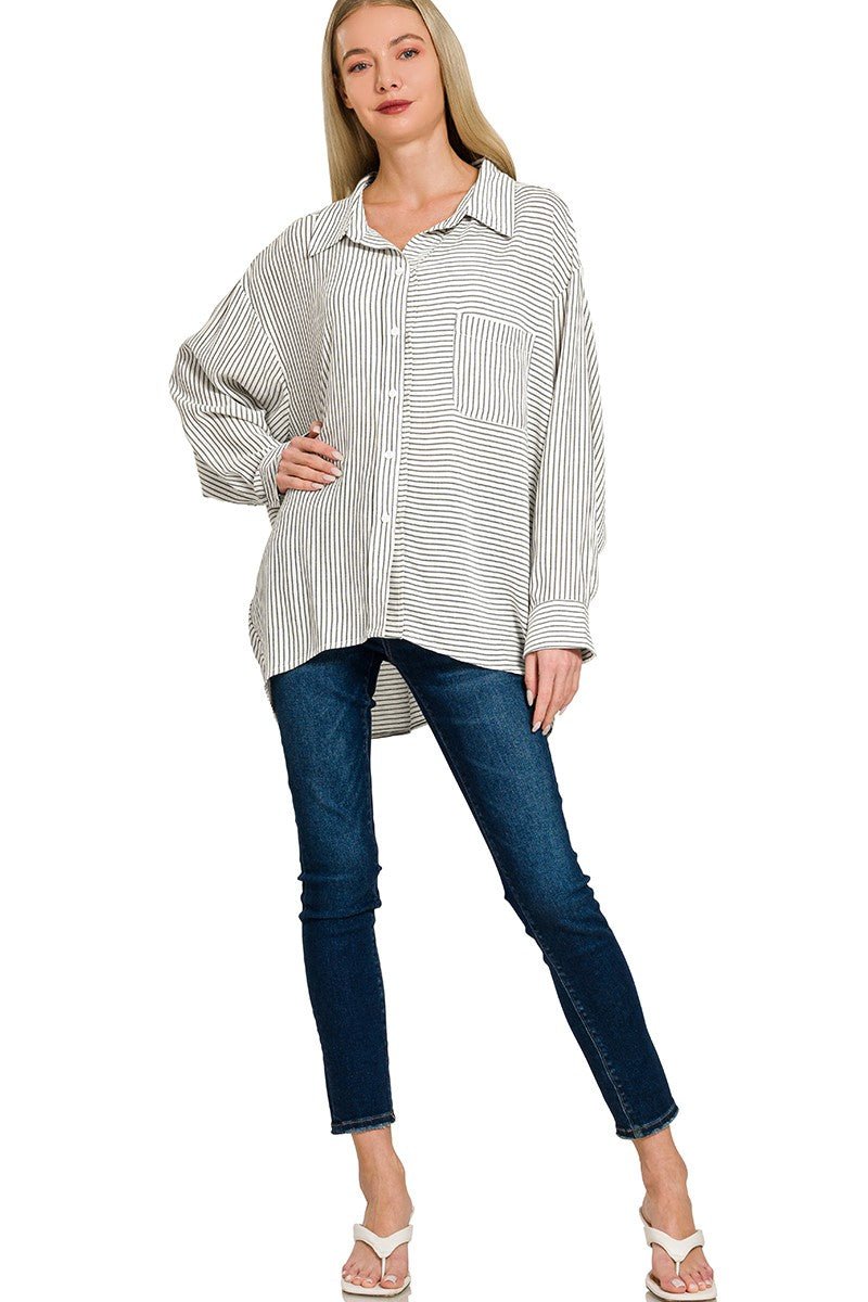 Zenana Woven Stripe Button Down Shirt - jeansmahones.com