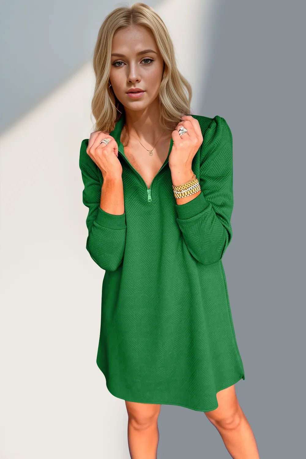 Double Take Textured Quarter Zip Long Sleeve Dress - jeansmahones.com