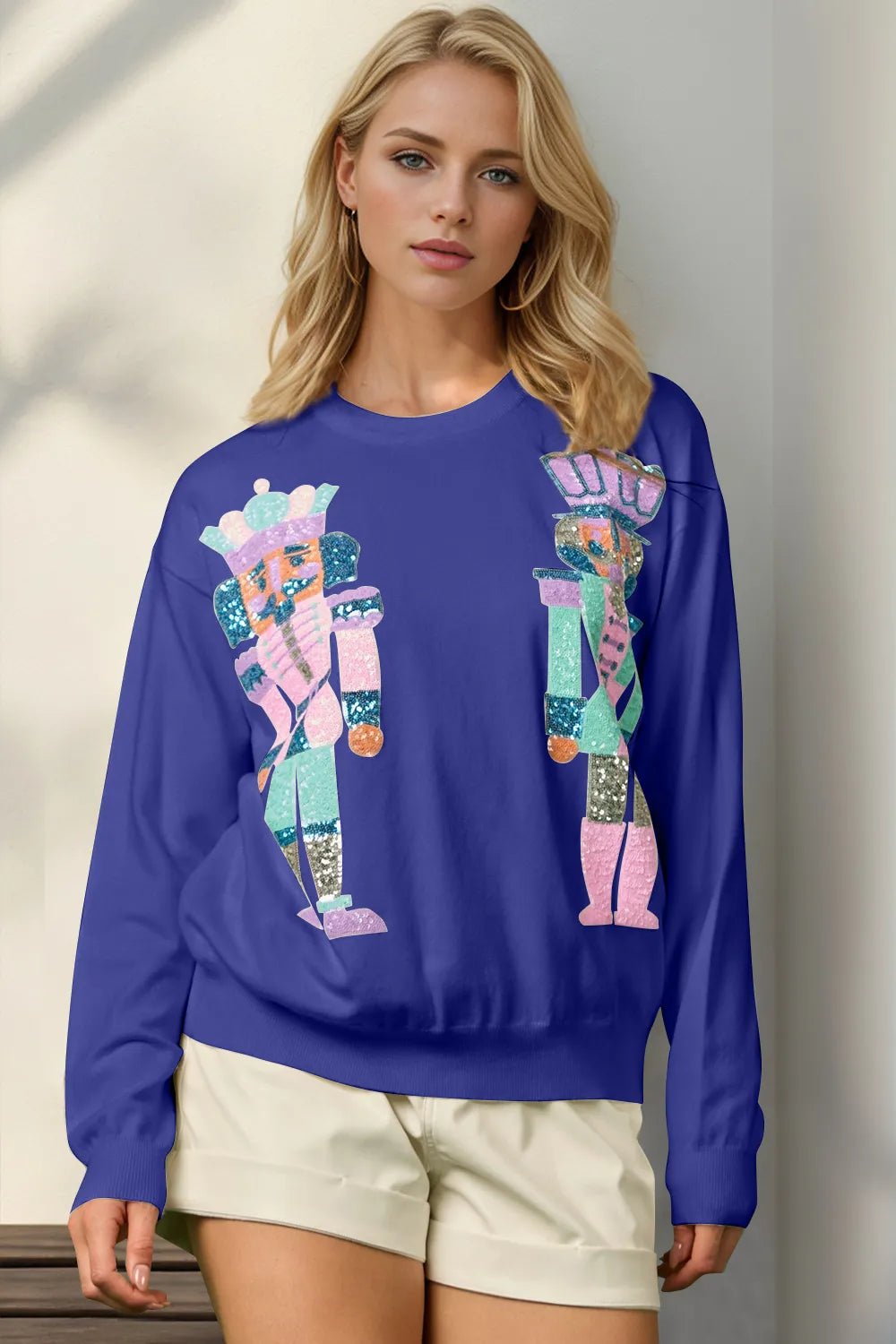 Double Take Full Size Sequin Nutcracker Long Sleeve Sweater - jeansmahones.com