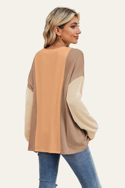 Double Take Texture Contrast Round Neck Long Sleeve T-Shirt - jeansmahones.com