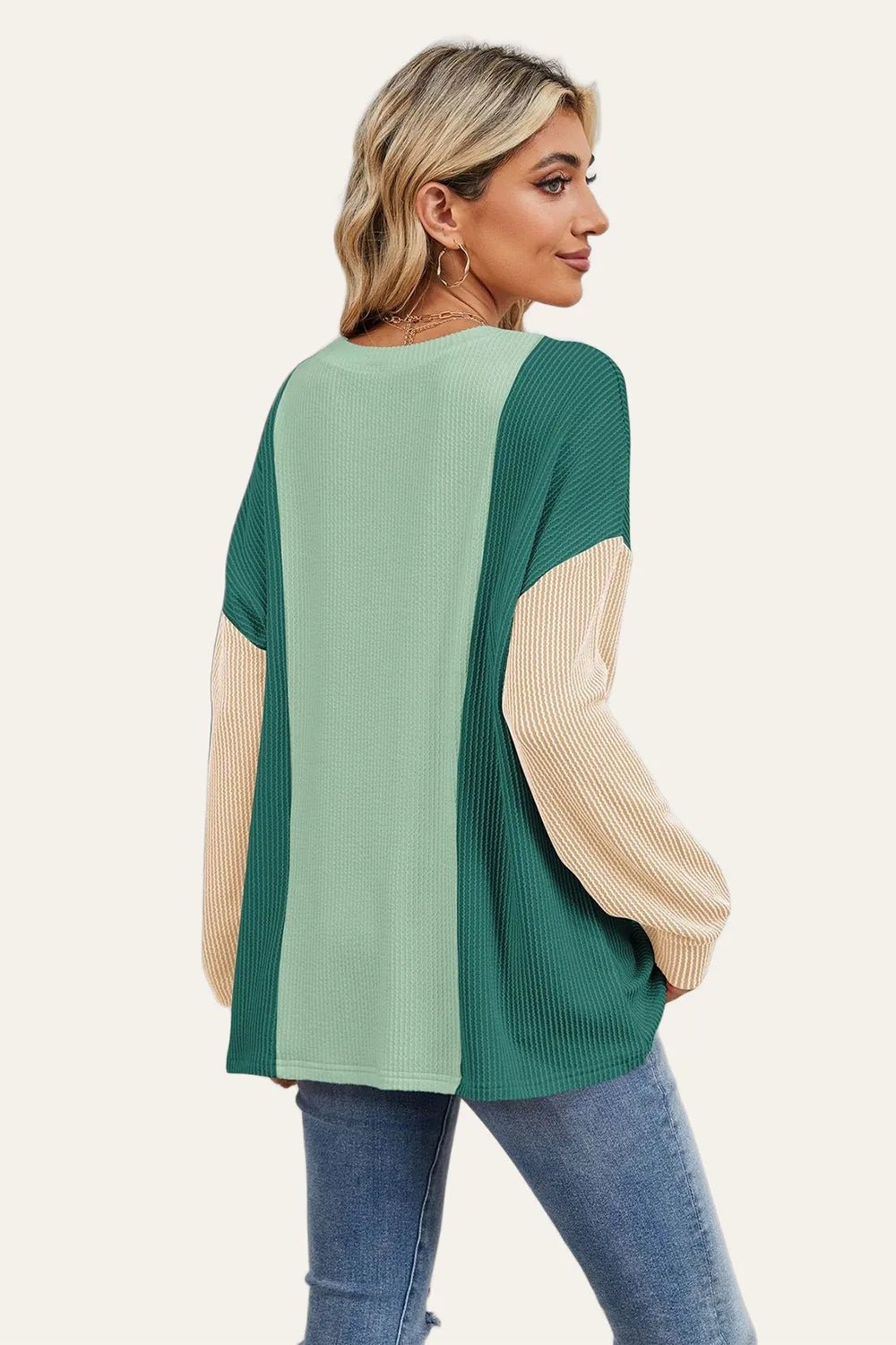 Double Take Texture Contrast Round Neck Long Sleeve T-Shirt - jeansmahones.com