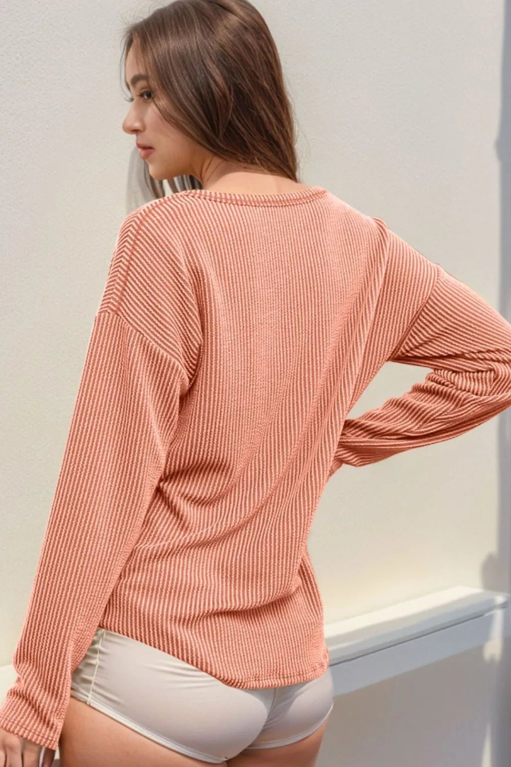 Double Take Striped Notched Long Sleeve T-Shirt - jeansmahones.com